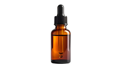 Naklejka premium Amber glass dropper bottle against a black background, with a droplet suspended from its pipette