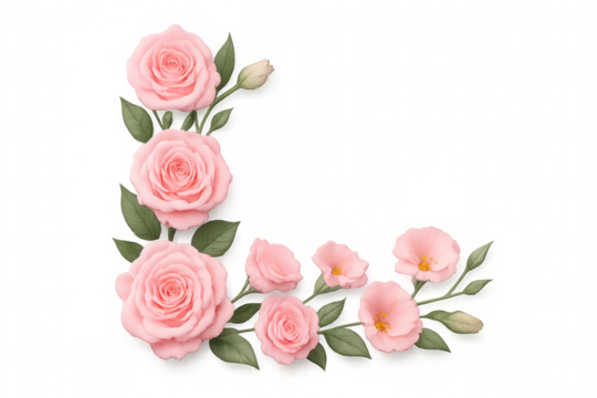 Pink roses and floral elements forming a decorative corner border on transparent background for wedding and celebrations