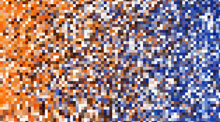 Abstract pixel art displays a gradient transition from vibrant orange hues to cool blues and whites, creating a textured mosaic pattern with a playful digital aesthetic