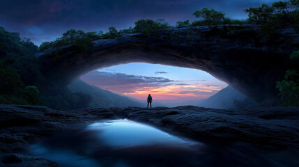 Mystische Höhlenöffnung mit Sonnenuntergangshimmel und einsamer Silhouette am Wasserspiegel