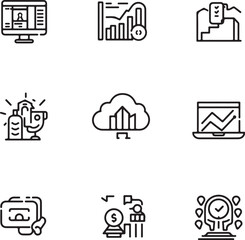 Business and Finance Icons Showing Computer Trophy Cloud Laptop and Hand Holding Card screen