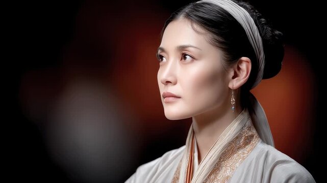 Classical Hanfu woman in contemplation or gazing into the distance
