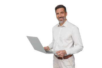 Smiling middle aged man holding laptop working online, professional business communication concept