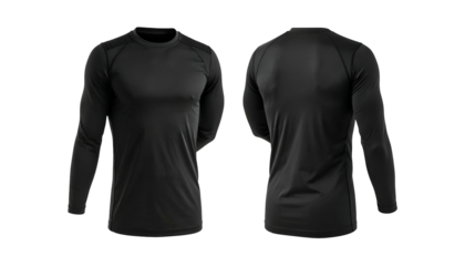Two views of a black long-sleeved athletic compression shirt, front and back, on a black background