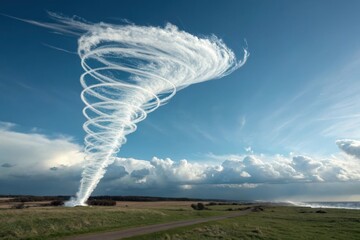 A dramatic tornado-like cloud formation spiraling across a vast open landscape under a blue sky