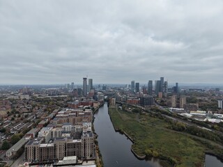 Obraz premium Aerial view of Manchester skyline with views of the rivers leading into the city. Manchester England. 