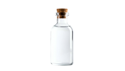 A small, transparent glass bottle with a cork stopper, filled with clear liquid