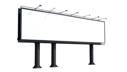 An elevated rectangular sign, blank and white, with pillars, spotlights, and a black background