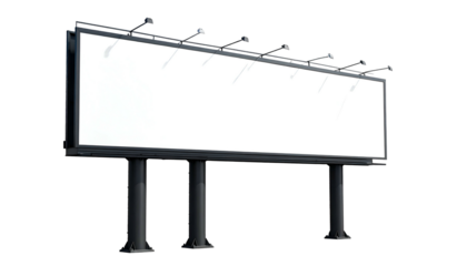 An elevated rectangular sign, blank and white, with pillars, spotlights, and a black background
