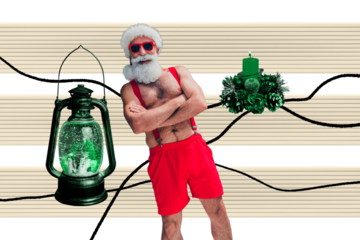 Composite photo collage of happy old man santa claus new year flashlight candle wreath cone pool party isolated on painted background