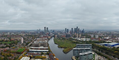 Obraz premium Aerial view of Manchester skyline with views of the rivers leading into the city. Manchester England. 