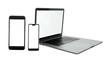 Three devices (laptop, smartphone, and smaller phone) with white screens, on black background