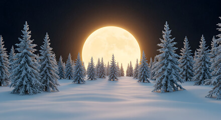 Winter landscape with snow covered trees and glowing moon