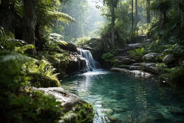 Waterfall in tropical jungle surrounded by lush vegetation