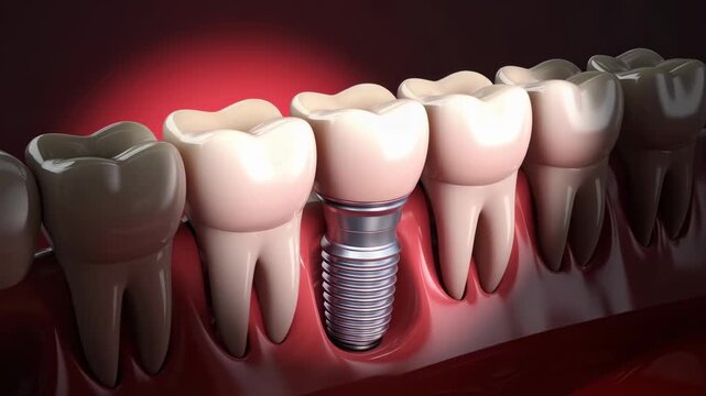 Dental implant replacing a tooth root, surrounded by teeth