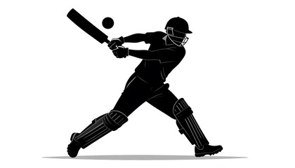 A silhouette of a cricket batsman in full swing, striking the ball with bat held high, legs bent, & ready for action, against a white background