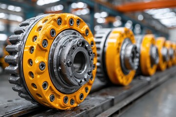Industrial gears close-up: Precision-engineered steel and yellow components for heavy machinery, demonstrating mechanical strength and robust construction