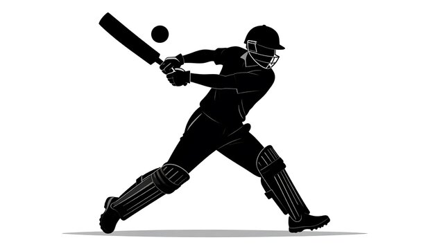 A silhouette of a cricket batsman in full swing, striking the ball with bat held high, legs bent, & ready for action, against a white background