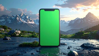 A smartphone with a green screen is positioned in a vibrant natural landscape. Majestic snow-capped mountains and a sunset are in view