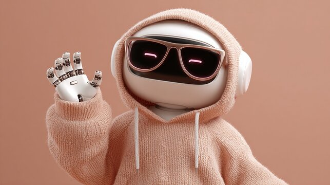 Trendy Robot: A cool-looking robot with sunglasses and a hoodie strikes a pose, blending technology with casual style against a simple background.