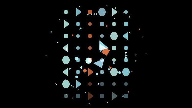 Abstract geometric shapes in blue, teal, and orange scattered on a black background
