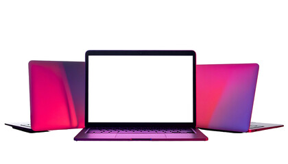 Three sleek laptops, centered, one open with white screen, backs lit with vibrant red/purple gradient