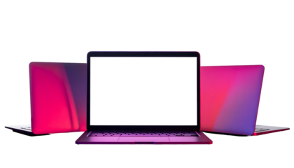 Three sleek laptops, centered, one open with white screen, backs lit with vibrant red/purple gradient