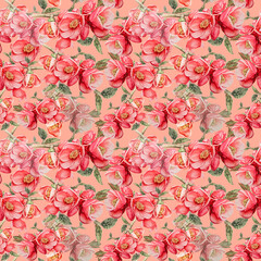 Seamless pattern with hand drawn red flowers of fruit tree. Drawing of flowers and leaves with color pencils on paper capturing texture. Colorful pink salmon color background. Not AI generated.