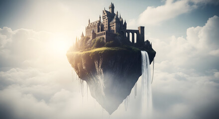 A majestic fantasy castle on a floating island with a waterfall, soaring high above the clouds.