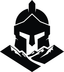 Spartan helmet with mountains behind it creating a unique logo design