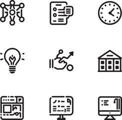 Nine outline icons for business technology and finance including network clock lightbulb and building