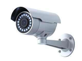 Modern outdoor surveillance security camera with infrared night vision leds mounted on a white bracket against a black background
