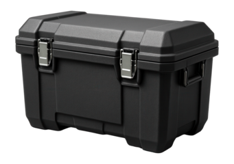 Durable storage chest with reinforced base and latches for workshop equipment.