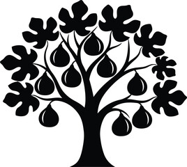 Stylized Fig Tree Silhouette with Leaves and Fruits on White Background