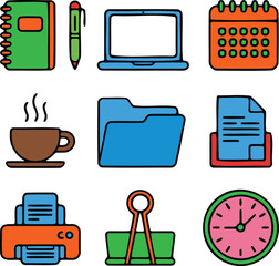 Colorful office supplies and stationary illustration set for business concept