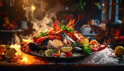 Abundant Mediterranean seafood platter served with fresh lemon slices garnished with parsley and grapes on a bed of ice with steaming vapor rising indoors with warm cinematic lighting
