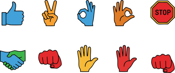 Diverse hand gestures communication set agreement success danger and peace