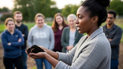 Soil Science Demonstration: An educator shows a group of diverse adults a handful of soil with a worm during an outdoor educational workshop on sustainable agriculture.