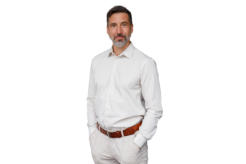 Confident middle aged man with beard standing, posing with hands in pockets, smiling to camera on transparent background