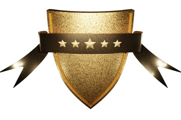 Transparent gold shield badge with five stars and metallic ribbon for premium branding and marketing.