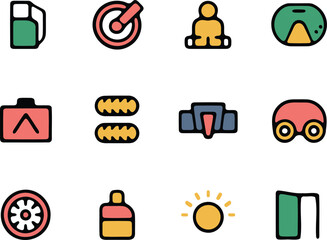 Race car icon set representing motorsport competition elements and equipment