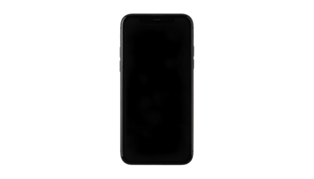 A sleek, dark-screened smartphone isolated against a black background, angled slightly upward