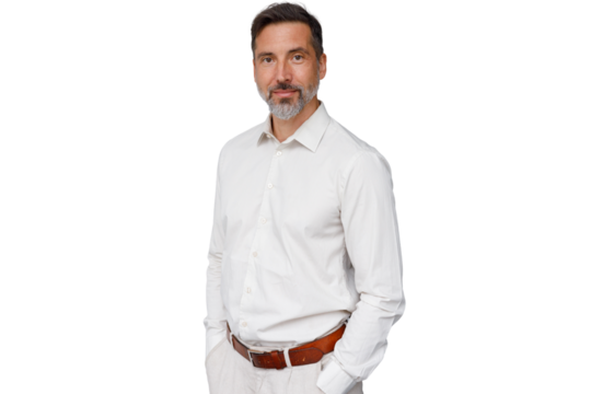 Confident businessman standing with hands in pockets, looking at camera, full length, transparent background