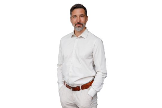 Confident middle aged man with beard standing, posing with hands in pockets, smiling to camera on transparent background