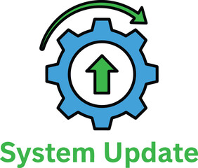 System update graphic with rotating gear and upward pointing arrow