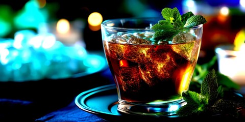 Refreshing iced tea served with mint leaves on a stylish table in a cozy evening setting - High Contrast