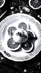 Fresh grapefruit dessert served with powdered sugar and mint leaves at a rustic table