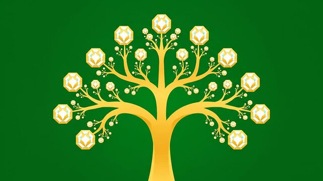 Golden tree illustration with sparkling gems on a green background, perfect for corporate design, logo animation, intro element, outro material, advertising needs, marketing campaign.