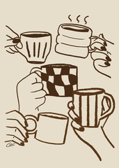 set of coffee cups print for wall art beige and Brown 