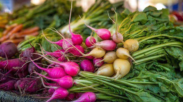 Fresh colorful radishes, beets, and greens displayed at a farmer's market. Healthy eating and locally sourced produce concept.
